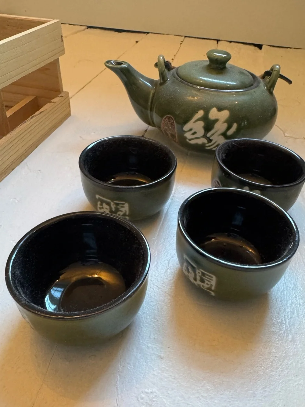 Green Ceramic Teapot and Cup Set with Woven Handle